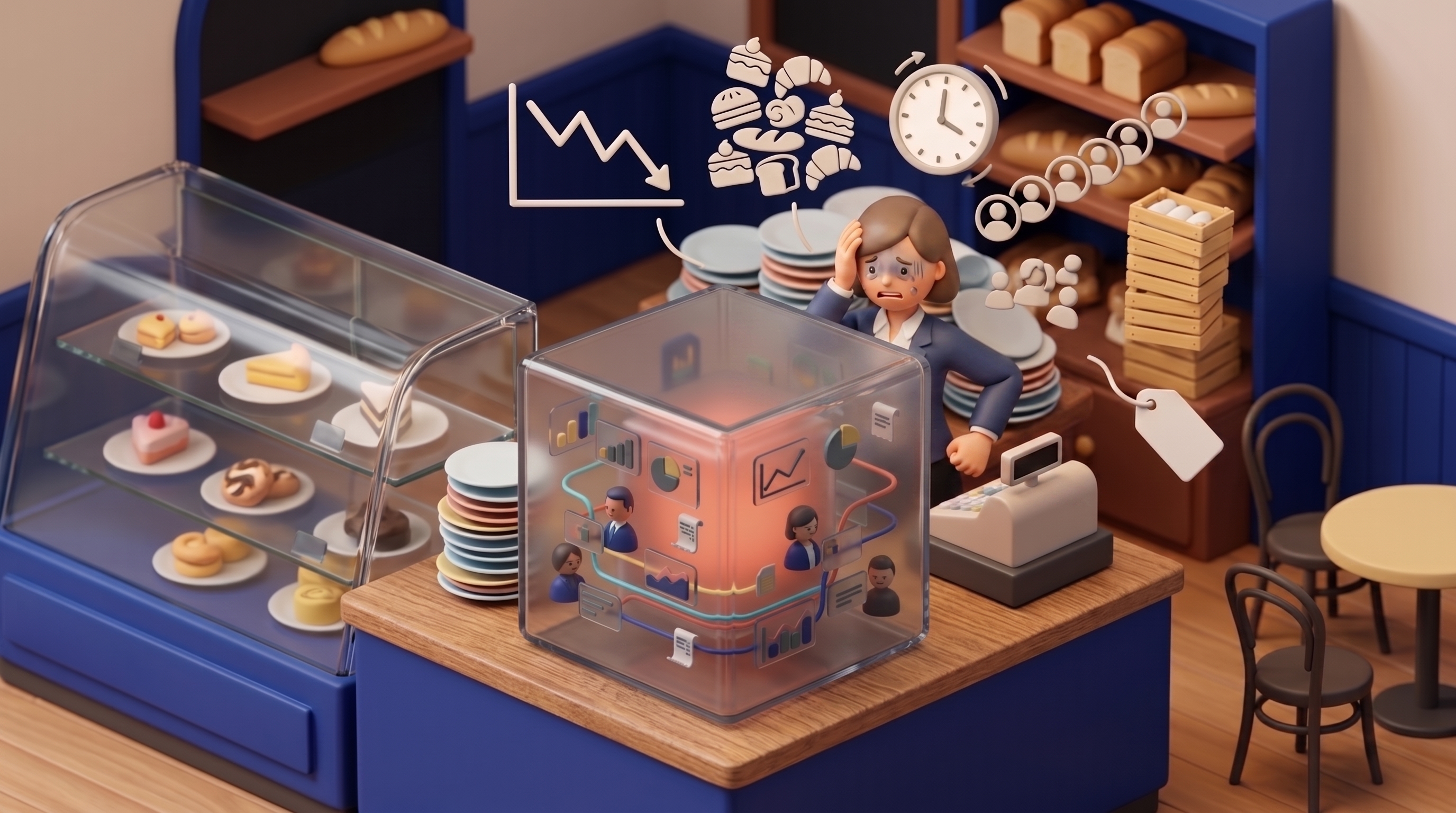 A miniature bakery surrounded by operational signals and a data cube.