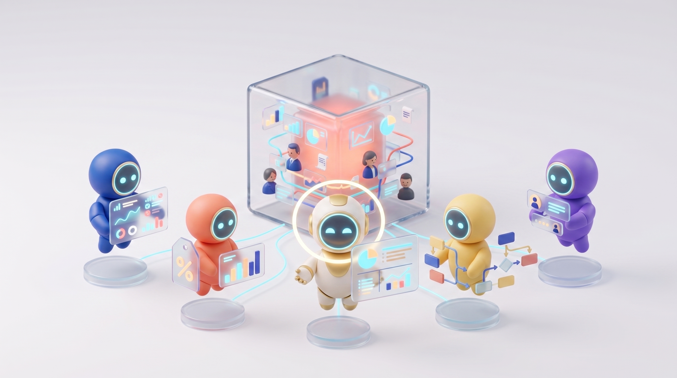 Five AI agents connected around a central business data cube.